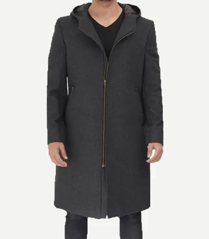 Modern Fit Mens Grey Wool Coat with Hood