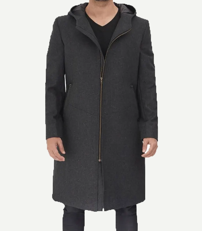 Modern Fit Mens Grey Wool Coat with Hood