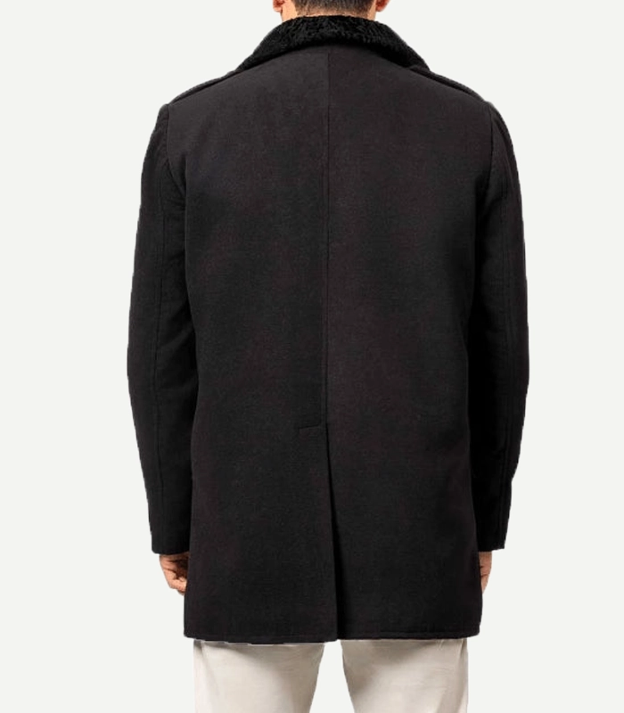 Mens Brewer Black Wool Coat With Fur Collar