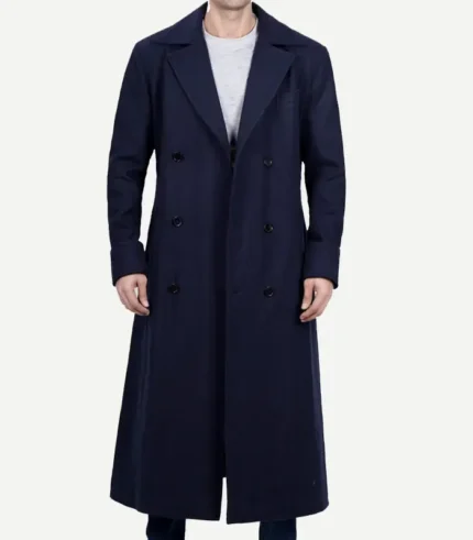 Men's Blue Aaron Double Breasted Long Wool Coat