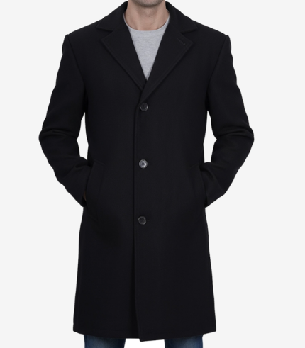 Mens Modern Fit Black Wool Topcoat