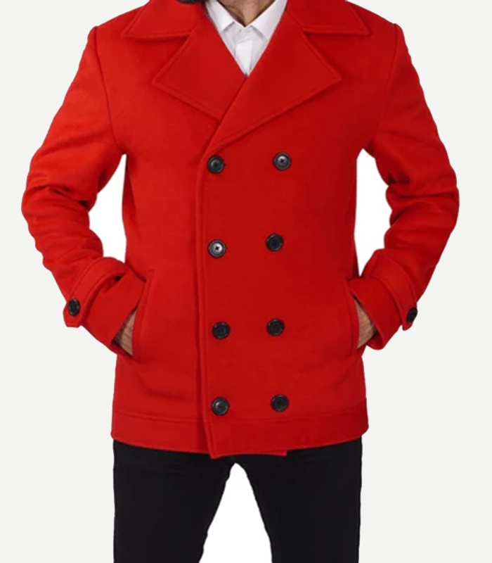 Red Double Breasted Wool Peacoat