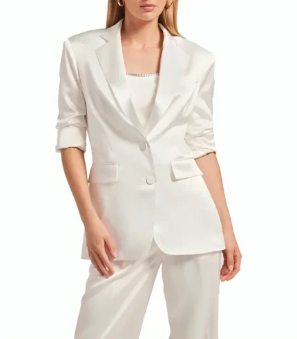 Two Buttoned White Satin Blazer Womens