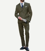 Two Piece Double Breasted Olive Green Suit