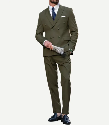 Two Piece Double Breasted Olive Green Suit