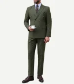 Two Piece Double Breasted Olive Green Suit