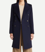 Women Navy Blue Double Breasted Coat