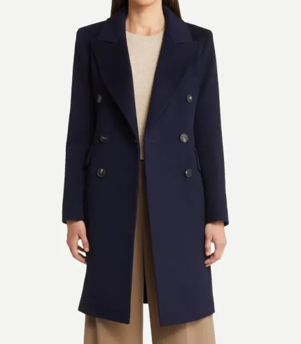 Women Navy Blue Double Breasted Coat