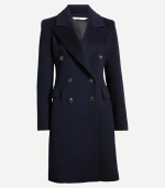 Women Navy Blue Double Breasted Coat