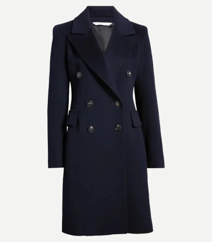 Women Navy Blue Double Breasted Coat