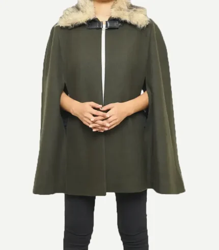 Olive Green Wool Women Cape Coat