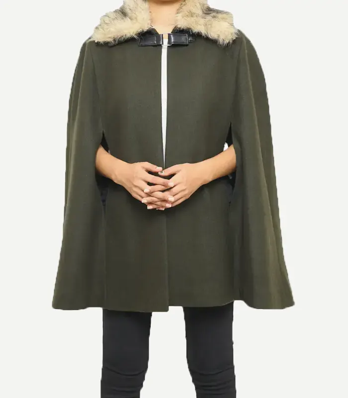 Olive Green Wool Women Cape Coat