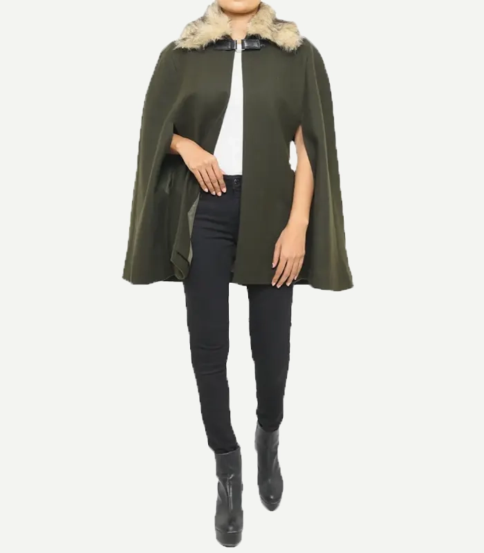 Olive Green Wool Women Cape Coat