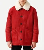 A Mens Red Wool Jacket featuring a soft shearling collar and a durable, heavy-duty wool blend for winter.