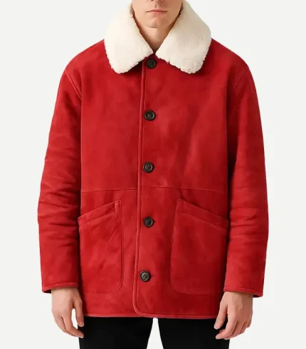 A Mens Red Wool Jacket featuring a soft shearling collar and a durable, heavy-duty wool blend for winter.
