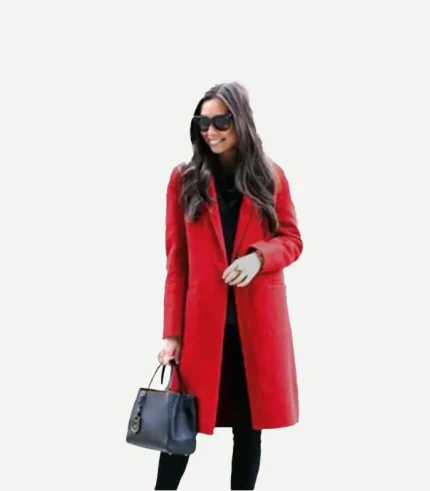 Side view of a Scarlet Red Long Wool Coat showing the detailed stitching and the elegant flow of the premium fabric.