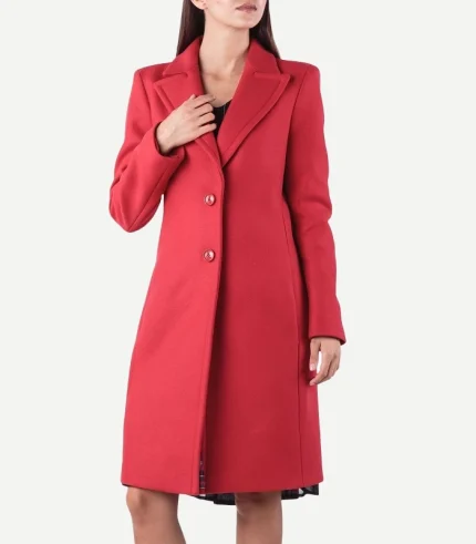 A vibrant Womens Elsbeth Tascioni Elsbeth Red Wool Coat featuring a classic collar and a bold winter style.