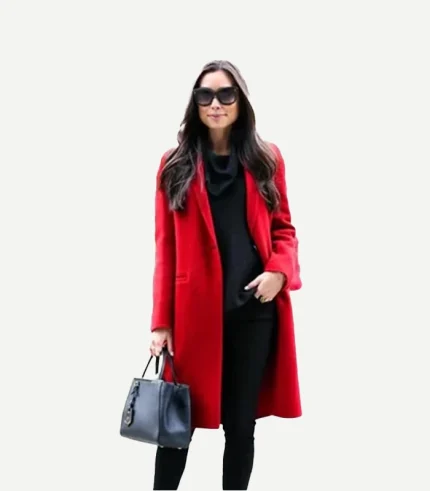 A Womens Scarlet Red Long Wool Coat styled over a formal dress for a polished and high-end winter appearance.