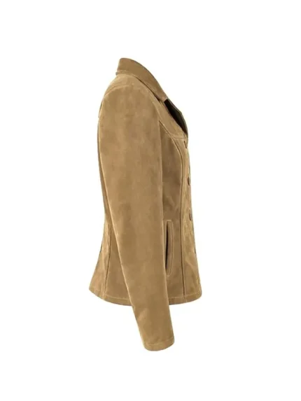 Side view of beige suede blazer showing a fitted profile, long sleeve, smooth suede texture, and side pocket opening on white background.