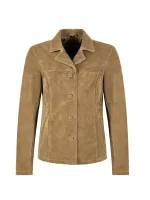 Front view of beige suede blazer with lapel collar, four-button front, long sleeves, and clean seam detailing on white background.