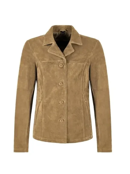 Front view of beige suede blazer with lapel collar, four-button front, long sleeves, and clean seam detailing on white background.