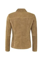 Back view of beige suede blazer showing clean back panel, center seam, structured shoulders, and shaped waist on white background.