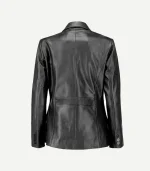 Black Leather Blazer featuring a sharp single-breasted front, structured shoulders, and a sleek tailored fit for women.