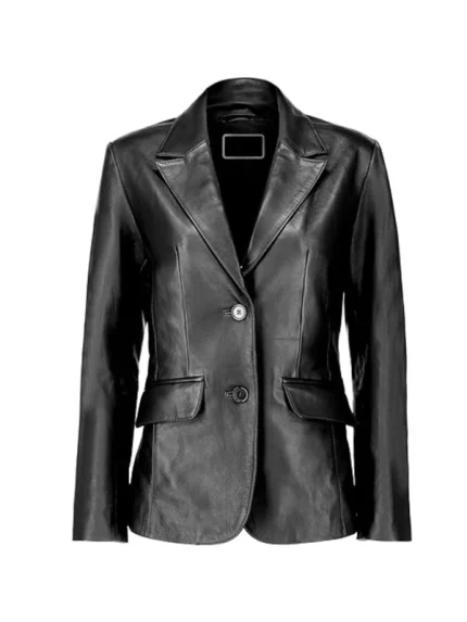 Front view of black leather blazer with two buttons and structured lapel.
