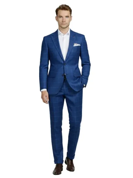 Front view of a men's blue checks Seersucker Style Suit with a two-button design.