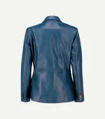 Blue Leather Blazer featuring a sleek single-breasted design and a premium polished finish in a rich sapphire blue.