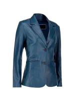 Angled view of blue women’s leather blazer with notch lapel and two-button front.