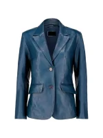 Front view of blue leather blazer with two buttons and flap pockets.