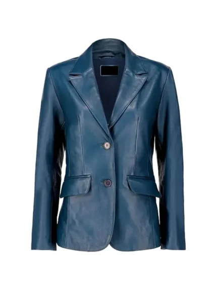 Front view of blue leather blazer with two buttons and flap pockets.