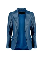 Front view of blue leather blazer worn open, showing matching inner lining.