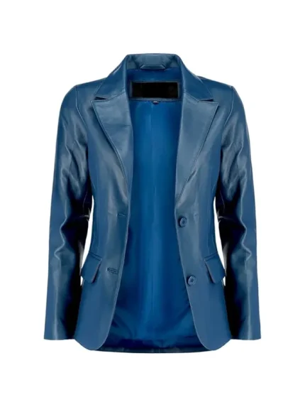 Front view of blue leather blazer worn open, showing matching inner lining.