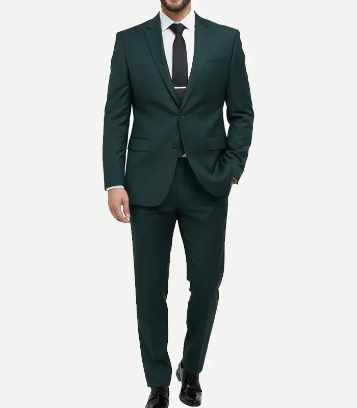 A slim fit Bottle Green Two Piece Notch Lapel Suit featuring a clean jacket design and matching trousers.