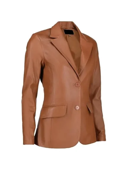 Angled view of a light brown women’s leather blazer with notch lapel and two-button front.