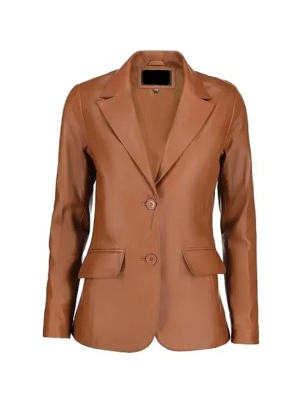 Front view of light brown leather blazer with two buttons and flap pockets.
