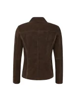 Back view of brown suede blazer showing clean back panel, center seam, structured shoulders, and shaped waist on white background.