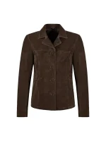 Front view of brown suede blazer with lapel collar, four-button front, long sleeves, and clean seam detailing on white background.