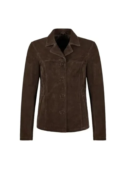 Front view of brown suede blazer with lapel collar, four-button front, long sleeves, and clean seam detailing on white background.