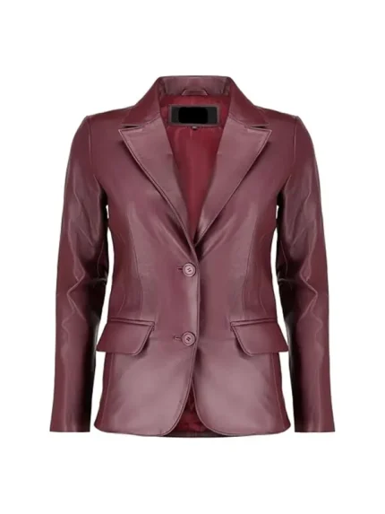 Front buttoned Burgundy Leather Blazer with flap pockets