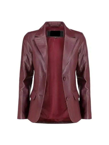 Front view of Burgundy Leather Blazer with visible inner lining