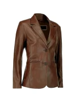 Angled view of a dark brown women’s leather blazer with notch lapel and two-button front.