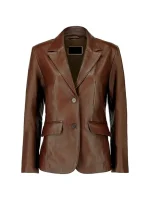 Front view of dark brown leather blazer with two buttons and flap pockets.