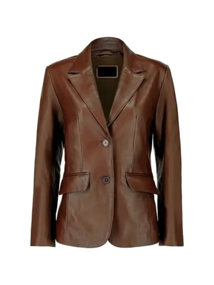 Front view of dark brown leather blazer with two buttons and flap pockets.