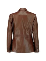 Back view of a dark brown leather blazer with long sleeves and a slim tailored fit.