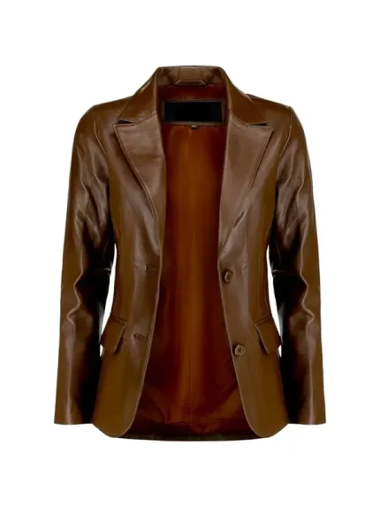 Front view of dark brown leather blazer worn open, showing inner lining.
