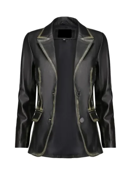 Front view of Distressed Black Leather Blazer with open front