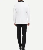 Front view of an Edgar Mens Black Shawl Lapel Off White Tuxedo styled with a black bow tie for a formal gala.